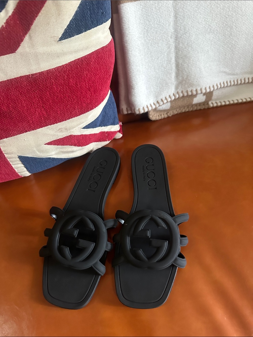 Gucci Matte Black Rubber GG Slide Sandals